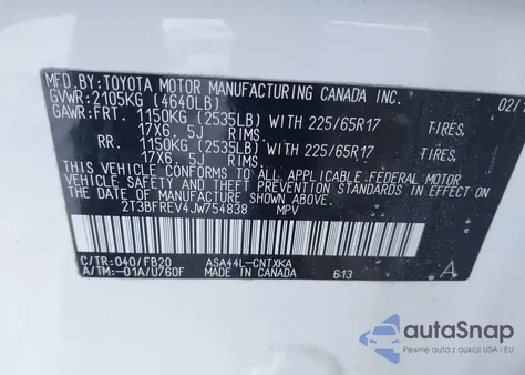 2018 Toyota Rav4 Le z USA, uszkodzony, nr VIN 2T3BFREV4JW754838